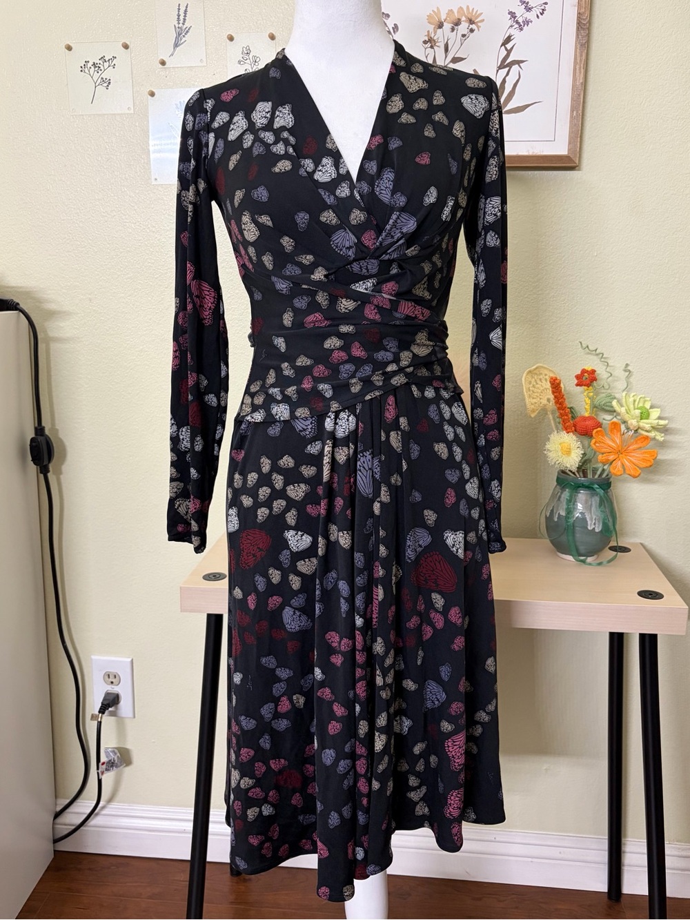 ISSA London 100% Silk Butterfly Print Wrap Long Sleeve Dress US 4
